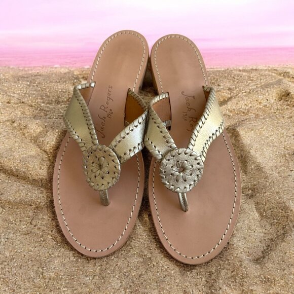 JACK ROGERS Gold Leather Flip Flop Sandals Size 9.5 - Picture 1 of 8